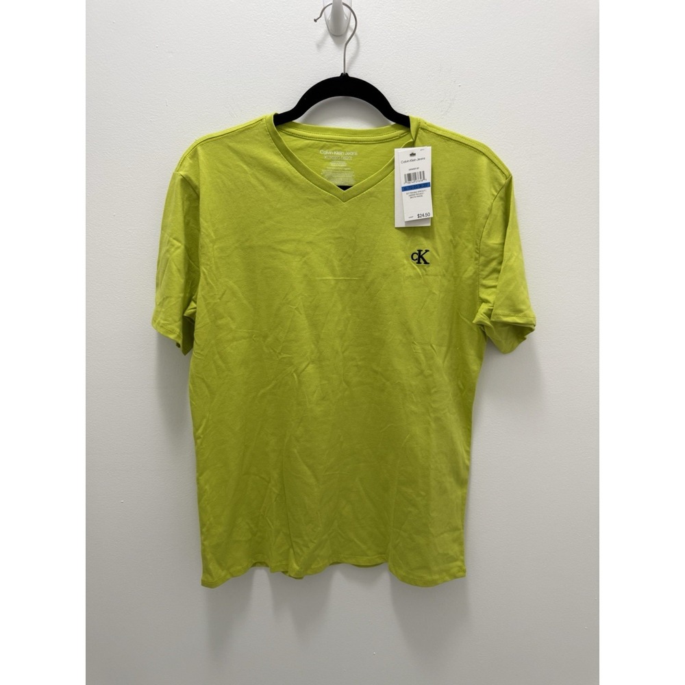 Calvin‎ Klein Jeans Boys XL 18/20 Lime Green V-Neck Logo T-Shirt NWT Cotton